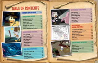 Image of DuckTales Adventurer's Guide table of contents spread